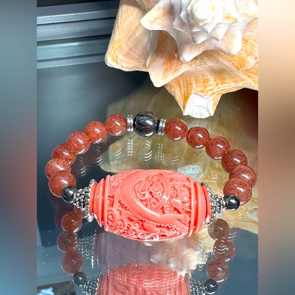 STRAWBERRY QUARTZ STONES + LUCKY DRAGON NATURAL BRACELET size 7” - Picture 3 of 14